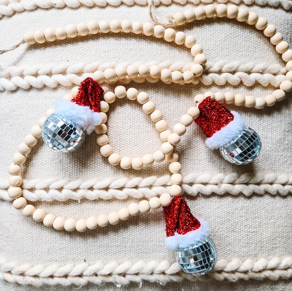 Festive Christmas garland with disco balls and Santa hats 150cm
